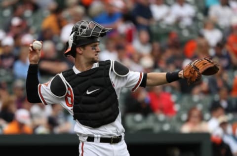 BALTIMORE, MD – MAY 24: Catcher Caleb Joseph #36 of the Baltimore Orioles throws the ball against the Minnesota Twins at Oriole Park at Camden Yards on May 24, 2017 in Baltimore, Maryland. (Photo by Patrick Smith/Getty Images)