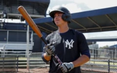 TAMPA, FL – MARCH 7: Anthony Volpe of the New York Yankees looks on during a spring training workout on March 7, 2022, at George M. Steinbrenner Field in Tampa, Florida. (Photo by New York Yankees/Getty Images)