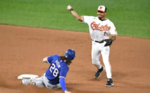 BALTIMORE, MD – SEPTEMBER 23: Richie Martin #1 of the Baltimore Orioles forces out Jonah Heim #28 of the Texas Rangers at second base during a baseball game at Oriole Park at Camden Yards on September 23, 2021 in Baltimore, Maryland. (Photo by Mitchell Layton/Getty Images)