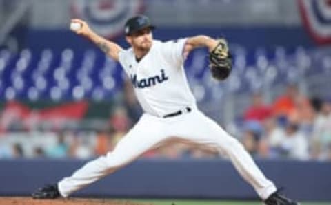 MIAMI, FLORIDA – APRIL 15: Louis Head #38 of the Miami Marlins delivers a pitch during the seventh inning at loanDepot park on April 15, 2022 in Miami, Florida. All players are wearing the number 42 in honor of Jackie Robinson Day. (Photo by Michael Reaves/Getty Images)