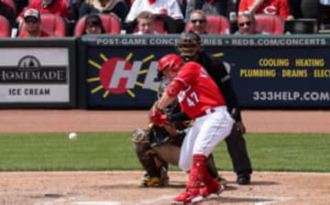 CINCINNATI, OHIO – APRIL 28: Mark Kolozsvary #47 of the Cincinnati Reds hits a double for his first career hit in the fifth inning against the San Diego Padres at Great American Ball Park on April 28, 2022 in Cincinnati, Ohio. (Photo by Dylan Buell/Getty Images)