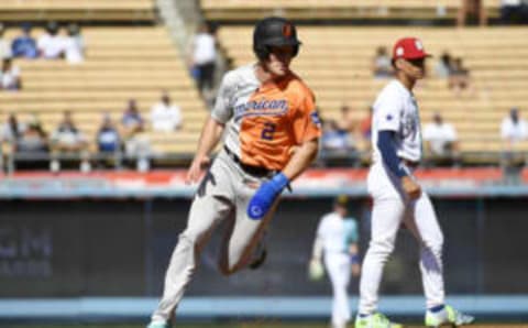 LOS ANGELES, CALIFORNIA – JULY 16: Gunnar Henderson #2 of the American League runs to third base on a wild pitch during the SiriusXM All-Star Futures Game against the National League at Dodger Stadium on July 16, 2022 in Los Angeles, California. (Photo by Kevork Djansezian/Getty Images)