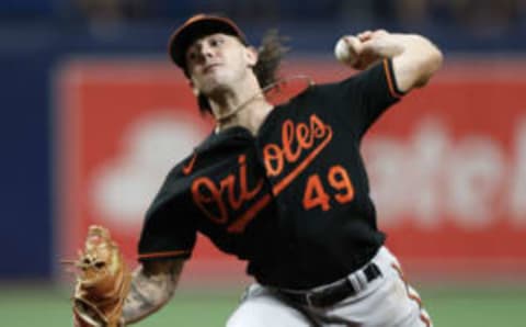 ST PETERSBURG, FLORIDA – AUGUST 13: DL Hall #49 of the Baltimore Orioles throws a pitch during the second inning against the Tampa Bay Rays at Tropicana Field on August 13, 2022 in St Petersburg, Florida. (Photo by Douglas P. DeFelice/Getty Images)