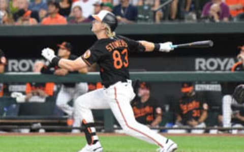 WASHINGTON, MD – AUGUST 19: Kyle Stowers #83 of the Baltimore Orioles takes a swing in the first inning during a baseball game against the Boston Red Sox at Oriole Park at Camden Yards on August 19, 2022 in Baltimore, Maryland. (Photo by Mitchell Layton/Getty Images)