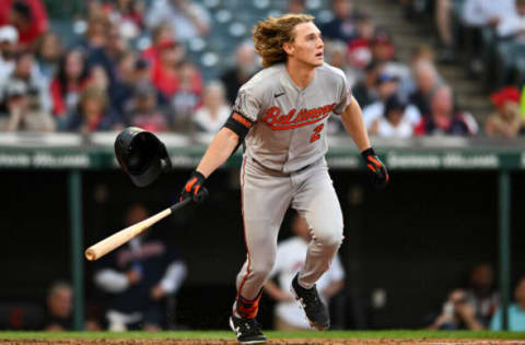 CLEVELAND, OH – AUGUST 31: Gunnar Henderson #2 of the Baltimore Orioles hits a solo home run off Triston McKenzie of the Cleveland Guardians for his first career hit during the fourth inning of his Major League debut at Progressive Field on August 31, 2022 in Cleveland, Ohio. (Photo by Nick Cammett/Getty Images)