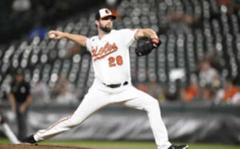 BALTIMORE, MARYLAND – SEPTEMBER 21: Jordan Lyles #28 of the Baltimore Orioles pitches in the third inning against the Detroit Tigers at Oriole Park at Camden Yards on September 21, 2022 in Baltimore, Maryland. (Photo by Greg Fiume/Getty Images)