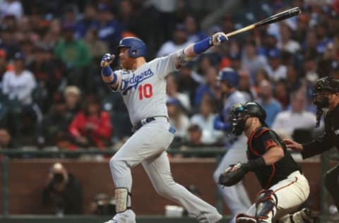 SAN FRANCISCO, CALIFORNIA – SEPTEMBER 17: Justin Turner #10 of the Los Angeles Dodgers at bat against the San Francisco Giants at Oracle Park on September 17, 2022 in San Francisco, California. (Photo by Lachlan Cunningham/Getty Images)