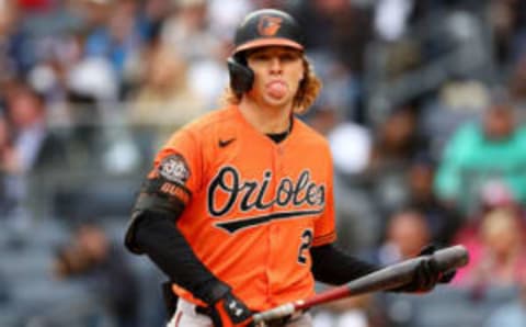 NEW YORK, NEW YORK – OCTOBER 01: Gunnar Henderson #2 of the Baltimore Orioles reacts after striking out in the first inning against the New York Yankees at Yankee Stadium on October 01, 2022 in the Bronx borough of New York City. (Photo by Elsa/Getty Images)