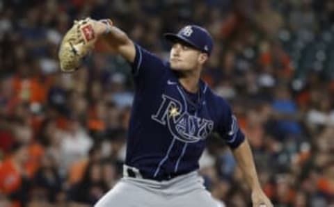 HOUSTON, TEXAS – OCTOBER 01: Shane McClanahan #18 of the Tampa Bay Rays pitches in the first inning against the Houston Astros at Minute Maid Park on October 01, 2022 in Houston, Texas. (Photo by Bob Levey/Getty Images)