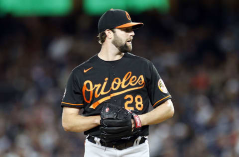 NEW YORK, NEW YORK - SEPTEMBER 30: Jordan Lyles #28 of the Baltimore Orioles pitches during the first inning against the New York Yankees at Yankee Stadium on September 30, 2022 in the Bronx borough of New York City. (Photo by Sarah Stier/Getty Images)