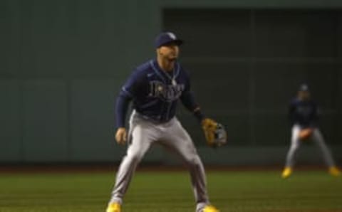 BOSTON, MA – OCTOBER 4: Wander Franco #5 of the Tampa Bay Rays in the field against the Boston Red Sox during the first inning at Fenway Park on October 4, 2022 in Boston, Massachusetts. (Photo By Winslow Townson/Getty Images)