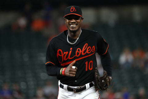 BALTIMORE, MD – JULY 27: Adam Jones #10 of the Baltimore Orioles looks on against the Tampa Bay Rays during the third inning at Oriole Park at Camden Yards on July 27, 2018 in Baltimore, Maryland. (Photo by Patrick Smith/Getty Images)