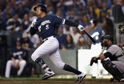 MILWAUKEE, WI – OCTOBER 04: Jonathan Schoop #5 of the Milwaukee Brewers grounds out during the fifth inning outfield Game One of the National League Division Series against the Colorado Rockies at Miller Park on October 4, 2018 in Milwaukee, Wisconsin. (Photo by Dylan Buell/Getty Images)