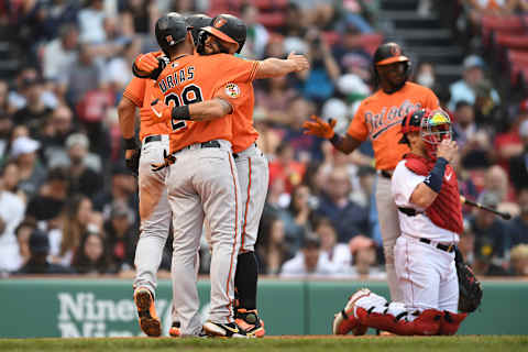 Rougned Odor #12 hugs teammate Ramon Urias #29 of the Baltimore Orioles after hitting a three run home run in the third inning. (Photo by Kathryn Riley/Getty Images)