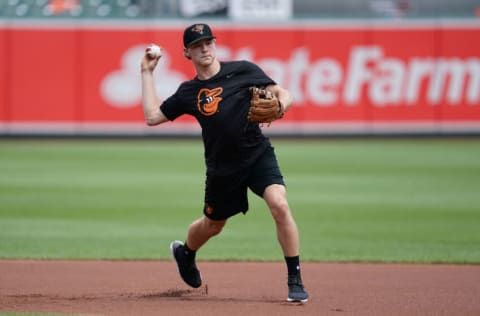 Baltimore Orioles second round draft pick Gunnar Henderson participates in pre game practice. Mandatory Credit: Mitch Stringer-USA TODAY Sports