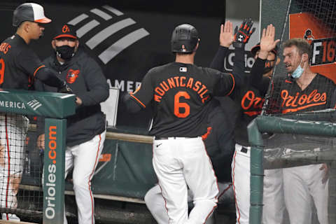 Baltimore Orioles outfielder Ryan Mountcastle (6) is greeted by teammates in the dugout after hitting a solo home run against the Boston Red Sox. Credit: Mitch Stringer-USA TODAY Sports