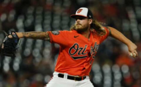 Sep 3, 2022; Baltimore, Maryland, USA; Baltimore Orioles relief pitcher Nick Vespi (79) pitches against the Oakland Athletics during the ninth inning at Oriole Park at Camden Yards. Mandatory Credit: Brent Skeen-USA TODAY Sports