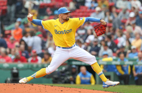 Sep 29, 2022; Boston, Massachusetts, USA; Boston Red Sox starting pitcher Nathan Eovaldi (17) throws a pitch during the second inning against the Baltimore Orioles at Fenway Park. Mandatory Credit: Paul Rutherford-USA TODAY Sports