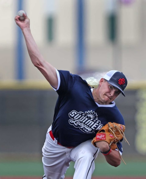 Chayce McDermott pitches at Grand Park Sports Complex in Westfield, Monday, June 22, 2020.College Players Play Baseball At Grand Park