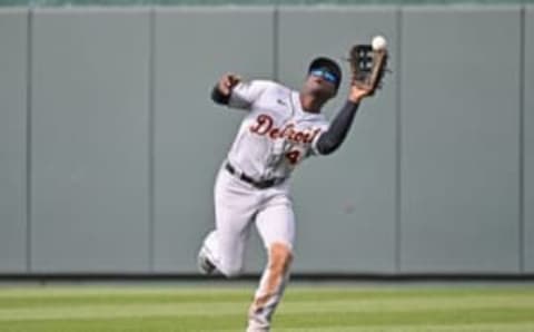 Apr 16, 2022; Kansas City, Missouri, USA; Detroit Tigers center fielder Daz Cameron (41) runs in to catch a fly ball during the fifth inning against the Kansas City Royals at Kauffman Stadium. Mandatory Credit: Peter Aiken-USA TODAY Sports