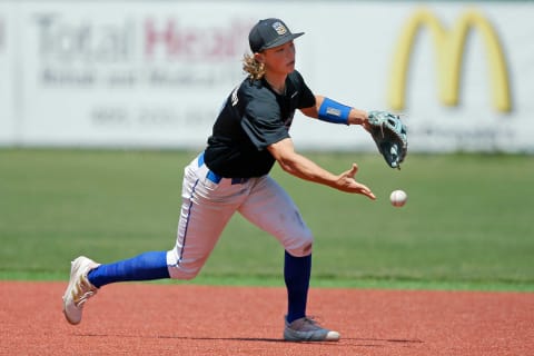 Jackson Holliday tosses the ball to second base during a Stillwater High School baseball game in Stillwater, Okla., Saturday, April 30, 2022.Stillwater Baseball