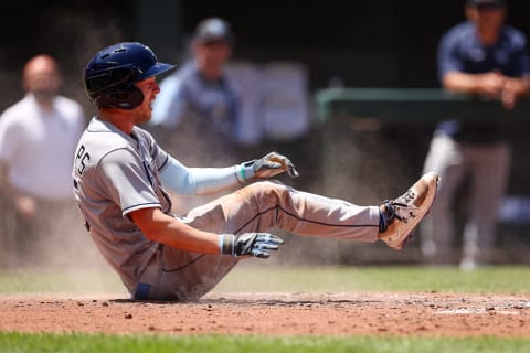 Jun 19, 2022; Baltimore, Maryland, USA; Tampa Bay Rays right fielder Brett Phillips (35) reacts after being tagged out against the Baltimore Orioles during the second inning at Oriole Park at Camden Yards. Mandatory Credit: Scott Taetsch-USA TODAY Sports