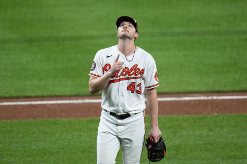 Jul 6, 2022; Baltimore, Maryland, USA; Baltimore Orioles relief pitcher Bryan Baker (43) gestures after leaving the game against the Texas Rangers during the eight inning at Oriole Park at Camden Yards. Mandatory Credit: Jessica Rapfogel-USA TODAY Sports