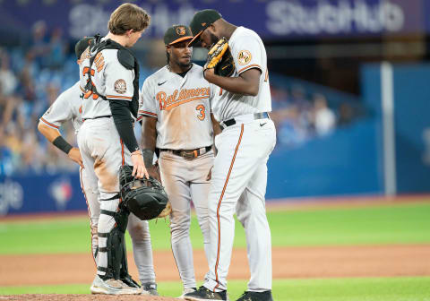 Aug 15, 2022; Toronto, Ontario, CAN; Baltimore Orioles shortstop Jorge Mateo (3) talks with Baltimore Orioles relief pitcher Felix Bautista (74) against the Toronto Blue Jays during the ninth inning at Rogers Centre. Mandatory Credit: Nick Turchiaro-USA TODAY Sports