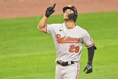 Aug 31, 2022; Cleveland, Ohio, USA; Baltimore Orioles designated hitter Ramon Urias (29) celebrates his two-run home run in the eighth inning against the Cleveland Guardians at Progressive Field. Mandatory Credit: David Richard-USA TODAY Sports