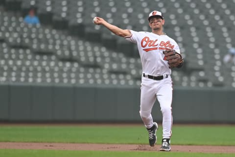 Sep 11, 2022; Baltimore, Maryland, USA; Baltimore Orioles third baseman Ramon Urias (29) throws to first base during the second inning against the Boston Red Sox at Oriole Park at Camden Yards. Mandatory Credit: Tommy Gilligan-USA TODAY Sports