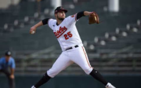 Oct 22, 2022; Phoenix, Arizona, USA; Baltimore Orioles pitcher Noah Denoyer plays for the Scottsdale Scorpions during an Arizona Fall League baseball game at Phoenix Municipal Stadium. Mandatory Credit: Mark J. Rebilas-USA TODAY Sports