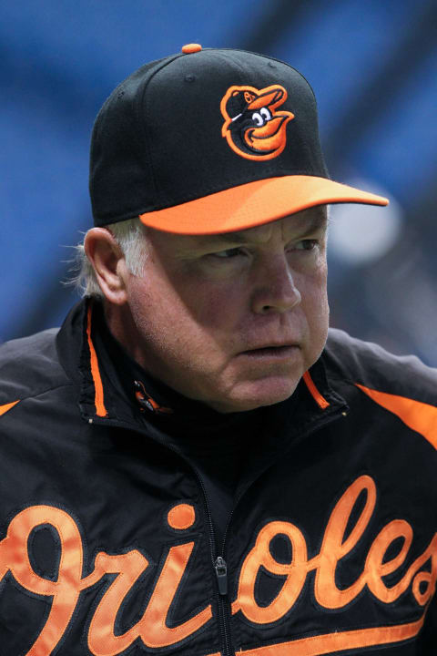 April 3, 2012; St. Petersburg, FL, USA; Baltimore Orioles manager Buck Showalter (26) prior to the game against the Tampa Bay Rays at Tropicana Field. Mandatory Credit: Kim Klement-USA TODAY Sports