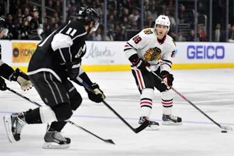 November 29, 2014; Los Angeles, CA, USA; Chicago Blackhawks right wing Patrick Kane (88) controls the puck against the Los Angeles Kings during the second period at Staples Center. Mandatory Credit: Gary A. Vasquez-USA TODAY Sports