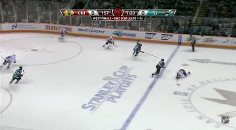 This is what you’d call a compromising position as a hockey player. (Screenshot from YouTube)