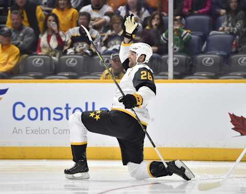 Jan 31, 2016; Nashville, TN, USA; Pacific Division forward John Scott (28) of the Montreal Canadiens celebrates after a goal during the 2016 NHL All Star Game at Bridgestone Arena. Mandatory Credit: Christopher Hanewinckel-USA TODAY Sports