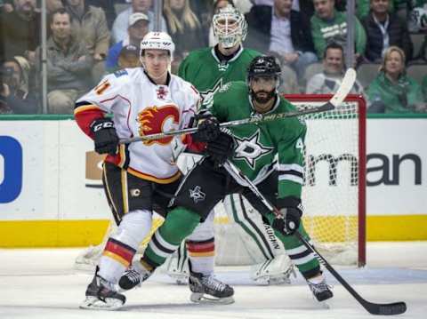 Jan 25, 2016; Dallas, TX, USA; Dallas Stars defenseman Johnny Oduya (47) defends against Calgary Flames center Mikael Backlund (11) during the third period at the American Airlines Center. The Stars defeat the Flames 2-1. Mandatory Credit: Jerome Miron-USA TODAY Sports