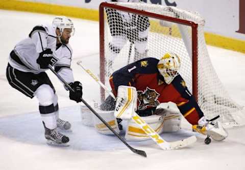 Nov 23, 2015; Sunrise, FL, USA; Florida Panthers goalie Roberto Luongo (1) makes a save on a shot by Los Angeles Kings center Andy Andreoff (15) in the third period at BB&T Center. The Kings won 3-1. Mandatory Credit: Robert Mayer-USA TODAY Sports