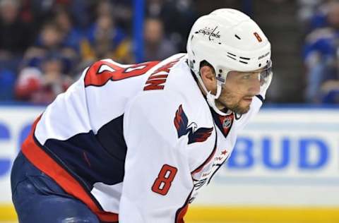 Apr 9, 2016; St. Louis, MO, USA; Washington Capitals left wing Alex Ovechkin (8) looks on in the game against the St. Louis Blues during the first period at Scottrade Center. Mandatory Credit: Jasen Vinlove-USA TODAY Sports