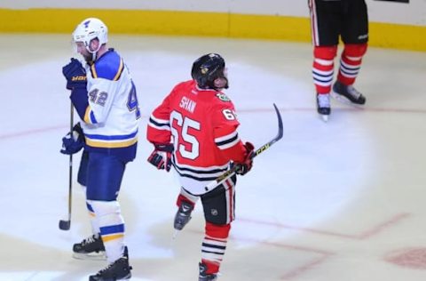 Apr 23, 2016; Chicago, IL, USA; Chicago Blackhawks center Andrew Shaw (65) celebrates scoring a goal during the third period in game six of the first round of the 2016 Stanley Cup Playoffs against the St. Louis Blues at the United Center. Chicago won 6-3. Mandatory Credit: Dennis Wierzbicki-USA TODAY Sports