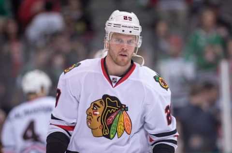 Mar 21, 2015; Dallas, TX, USA; Chicago Blackhawks left wing Bryan Bickell (29) skates in warm-ups prior to the game against the Dallas Stars at the American Airlines Center. The Stars shut out the Blackhawks 4-0. Mandatory Credit: Jerome Miron-USA TODAY Sports