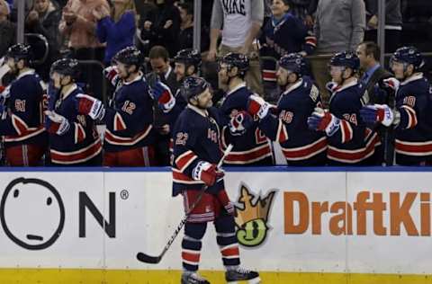 Apr 9, 2016; New York, NY, USA; New York Rangers defenseman Dan Boyle (22) celebrates with teammates after scoring a goal against the Detroit Red Wings during the first period at Madison Square Garden. Mandatory Credit: Adam Hunger-USA TODAY Sports