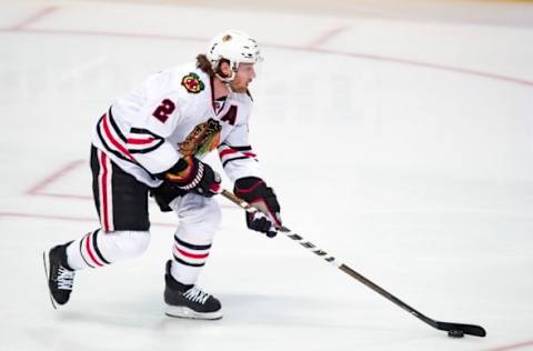 Mar 11, 2016; Dallas, TX, USA; Chicago Blackhawks defenseman Duncan Keith (2) skates against the Dallas Stars during the game at the American Airlines Center. The Stars defeat the Blackhawks 5-2. Mandatory Credit: Jerome Miron-USA TODAY Sports