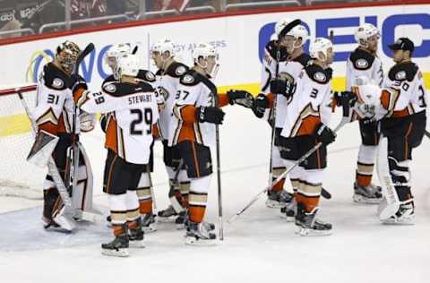 Apr 10, 2016; Washington, DC, USA; Anaheim Ducks goalie Frederik Andersen (31) celebrates with teammates after the Ducks