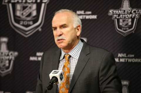 Apr 21, 2016; St. Louis, MO, USA; Chicago Blackhawks head coach Joel Quenneville speaks with the media following game five of the first round of the 2016 Stanley Cup Playoffs against the St. Louis Blues at Scottrade Center. The Blackhawks won 4-3 in double overtime. Mandatory Credit: Billy Hurst-USA TODAY Sports