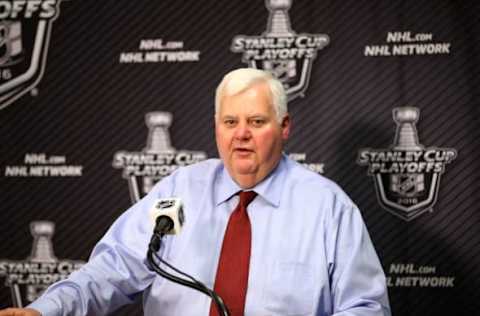 Apr 21, 2016; St. Louis, MO, USA; St. Louis Blues head coach Ken Hitchcock speaks with the media following game five of the first round of the 2016 Stanley Cup Playoffs against the Chicago Blackhawks at Scottrade Center. The Blackhawks won 4-3 in double overtime. Mandatory Credit: Billy Hurst-USA TODAY Sports