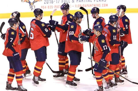 Apr 9, 2016; Sunrise, FL, USA; The Florida Panthers celebrate their 5-2 win over the Carolina Hurricanes at BB&T Center. Mandatory Credit: Robert Mayer-USA TODAY Sports