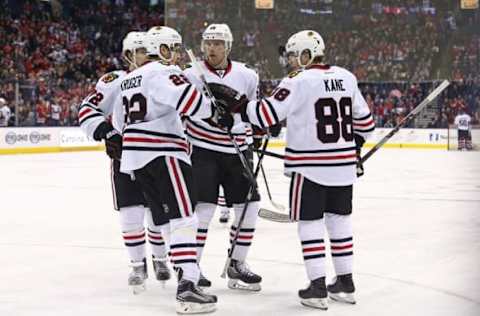 Apr 9, 2016; Columbus, OH, USA; Chicago Blackhawks right wing Patrick Kane (88) celebrates with teammates after scoring a goal against the Columbus Blue Jackets in the third period at Nationwide Arena. The Blue Jackets won 5-4 in overtime. Mandatory Credit: Aaron Doster-USA TODAY Sports