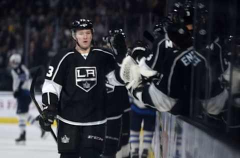 Apr 9, 2016; Los Angeles, CA, USA; Los Angeles Kings center Tyler Toffoli (73) celebrates with the bench after his first period goal against the Winnipeg Jets at Staples Center. Mandatory Credit: Kelvin Kuo-USA TODAY Sports