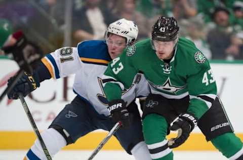 Mar 12, 2016; Dallas, TX, USA; St. Louis Blues right wing Vladimir Tarasenko (91) and Dallas Stars right wing Valeri Nichushkin (43) chase the puck during the third period at the American Airlines Center. The Blues defeated the Stars 5-4 in overtime. Mandatory Credit: Jerome Miron-USA TODAY Sports