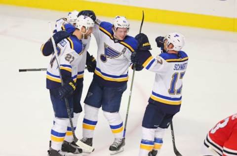 Apr 7, 2016; Chicago, IL, USA; St. Louis Blues right wing Vladimir Tarasenko (91) celebrates scoring the game winning goal during the overtime period against the Chicago Blackhawks at the United Center. St. Louis won 2-1 in overtime. Mandatory Credit: Dennis Wierzbicki-USA TODAY Sports